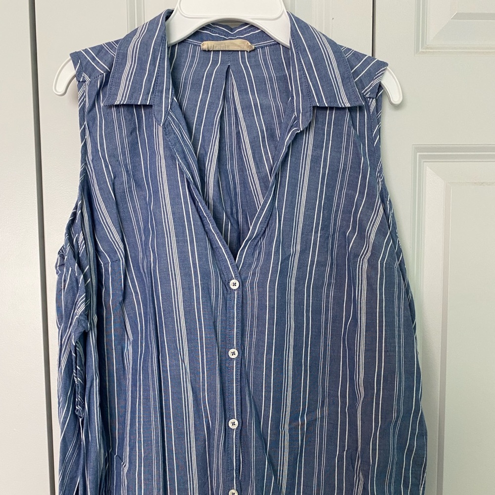 Denim pinstriped long sleeve with shoulder cut out